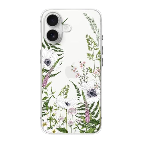 FancyCase Schutzhülle für iPhone 16, 15,5 cm (6,1 Zoll), für Damen und Mädchen, niedliches Blumenmuster, flexibles TPU, transparente Schutzhülle, weiße Blumen von Fancy Case