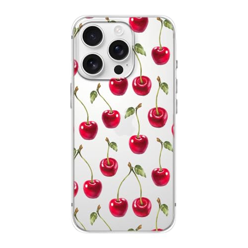 FancyCase Schutzhülle für iPhone 16 Pro, 16 cm (6,3 Zoll), niedliches Cartoon-Früchte-Muster, flexibel, TPU, transparent, Kirschen von Fancy Case