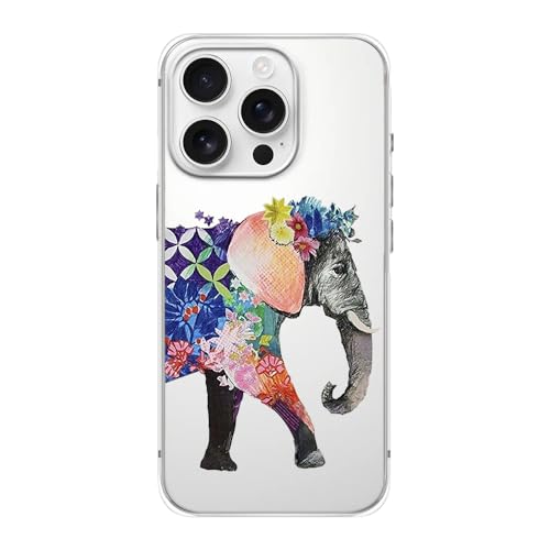 FancyCase Schutzhülle für iPhone 16 Pro, 16 cm (6,3 Zoll), süßes Blumen- und Elefanten-Design, flexibles TPU, transparent, Blumenelefant von Fancy Case