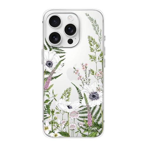 FancyCase Schutzhülle für iPhone 16 Pro Max, 17,5 cm (6,9 Zoll), niedlicher Blumenstil, hübsches botanisches Blumenmuster, flexible TPU-Schutzhülle, transparent, weiße Blumen von Fancy Case