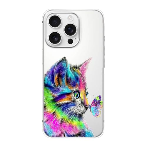 FancyCase Schutzhülle für iPhone 16 Pro Max (17,5 cm), niedlicher bunter Katzenstil mit Schmetterlings-Design, cooles Cartoon-Tiermuster, flexible TPU-Schutzhülle, transparent, bunte Katze von Fancy Case