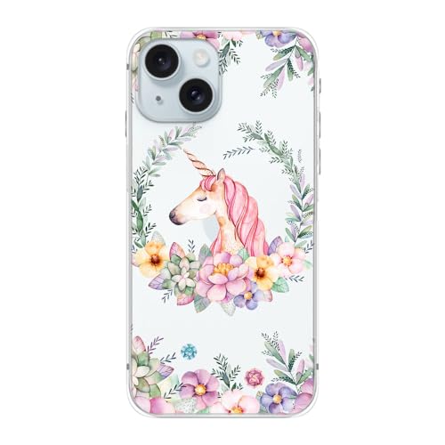 FancyCase für iPhone 15 Hülle (6,1 Zoll) - Frauen Mädchen Niedlicher Einhorn Stil Floral Cartoon Tier Muster Flexible TPU Schutzhülle Klar Hülle Kompatibel mit iPhone 15 (Floral Einhorn) von Fancy Case