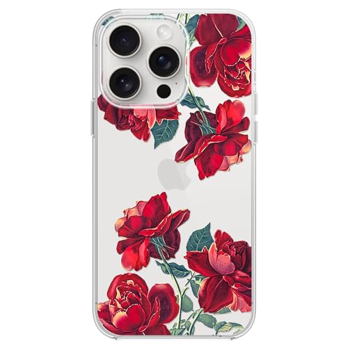 FancyCase für iPhone 15 Pro Hülle (6,1 Zoll) - Frauen Mädchen Elegant Rote Rose Blume Design Hübsches Blumenmuster Flexible TPU Schutzhülle Klar Hülle Kompatibel mit iPhone 15 Pro (Rote Blumen) von Fancy Case