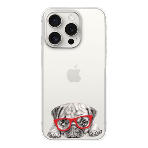 FancyCase für iPhone 15 Pro Hülle (6,1 Zoll) - Niedliches Mops-Design mit Brille Lustig Cartoon Tier Muster Flexible TPU Schutzhülle Klar Hülle Kompatibel mit iPhone 15 Pro (Mops mit Brille) von Fancy Case