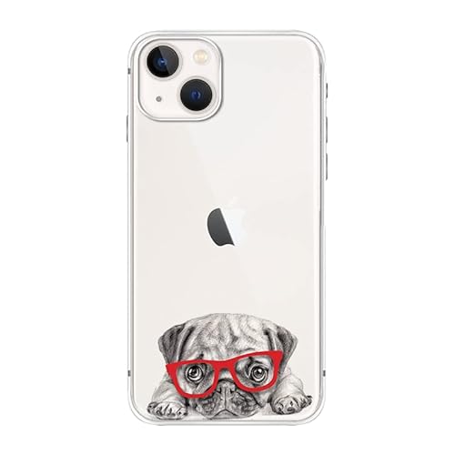 FancyCase Schutzhülle für iPhone 13 (15,5 cm) - Niedliches Mops-Design mit Brille, lustiges Cartoon-Tiermuster, flexible TPU-Schutzhülle, transparent, kompatibel mit iPhone 13 (Mops mit Brille) von Fancy Case
