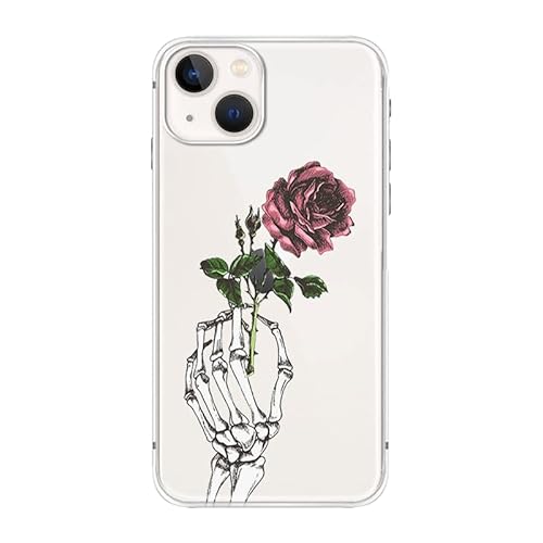 FancyCase Kompatibel mit iPhone 14 Hülle (15,5 cm) - Cooles Skelett-Design mit Rosenmuster, Flexible TPU-Schutzhülle, Klar Schutzhülle (Skelettrose) von Fancy Case