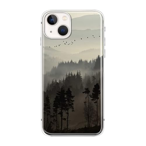 FancyCase iPhone 14 Hülle (6,1 Zoll) - Cooles Berg Design Rauchwald Natur Landschaft Muster Flexible TPU Schutzhülle Kompatibel mit iPhone 14 (Smokey Forest) von Fancy Case