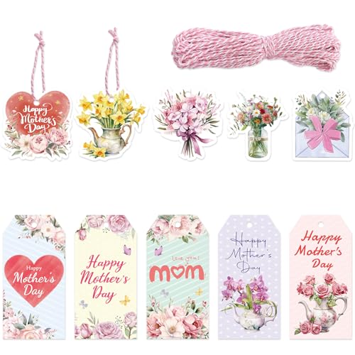 Geschenkanhänger zum Muttertag, mit Schnur, Blumenpapier, zum Aufhängen, Geschenkdekoration, 100 Stück Geschenkanhänger zum Muttertag, mit Schnur, Blumenpapier, zum Aufhängen, Geschenkdekoration, 100 Stück von Fancy Land