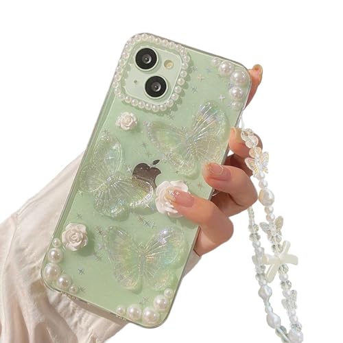 Faneiy Schutzhülle für iPhone 14/13, mit Handy-Charm-Kette, 3D-Schmetterlings-Blume, niedliche Handyhülle, kristallklare Perlen, für iPhone 14/13, für Damen und Mädchen von Faneiy