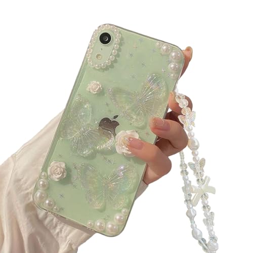 Faneiy Schutzhülle für iPhone XR mit Handy-Charm-Kette, 3D-Schmetterling, Blume, Perle, niedliche, ästhetische Handyhülle, kristallklare Glitzer-Schutzhülle für Damen und Mädchen, für iPhone XR 6,1 von Faneiy