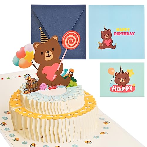 1 Pcs Pop-Up Karte, 3D Gefaltete Geburtstag Karten Licht und Musik Süße Geburtstagskarte, Grusskarte mit Umschlag Lustig für Familie Kinder Freunde (Bärenkuchen) von Fangehong
