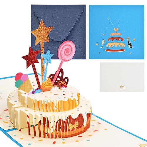 1 Pcs Pop-Up Karte, 3D Gefaltete Geburtstag Karten Licht und Musik Süße Geburtstagskarte, Grusskarte mit Umschlag Lustig für Familie Kinder Freunde (Sternkuchen) von Fangehong