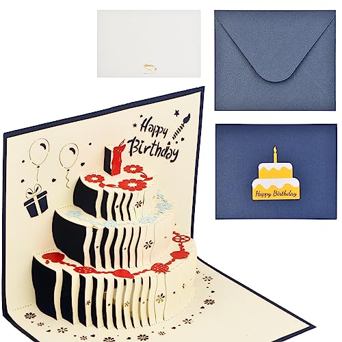 1 Pcs Pop-Up Karte, 3D Gefaltete Geburtstagskarten mit Schönen Papier-Cut und Umschlag, Grusskarte mit Torte Kuchen Musik & Licht Geschenk für Familie Kinder Freunde Liebhaber (Blau) von Fangehong