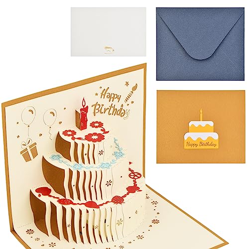 1 Pcs Pop-Up Karte, 3D Gefaltete Geburtstagskarten mit Schönen Papier-Cut und Umschlag, Grusskarte mit Torte Kuchen Musik & Licht Geschenk für Familie Kinder Freunde Liebhaber (Gold) von Fangehong