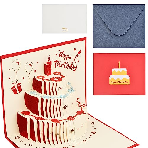 1 Pcs Pop-Up Karte, 3D Gefaltete Geburtstagskarten mit Schönen Papier-Cut und Umschlag, Grusskarte mit Torte Kuchen Musik & Licht Geschenk für Familie Kinder Freunde Liebhaber (Rot) von Fangehong