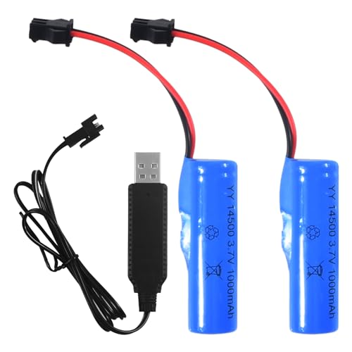 2 Stück Li-Ion Akku 3.7 V 1000MAH 1200MAH, Wiederaufladbare Lithium-Batterien mit UBS Ladekabel SM-2P Stecker, Universal Li-Ion Battery 14500 18650 für rc Fahrzeuge Truck Boote Auto Schiffe (1000MAH) von Fangehong