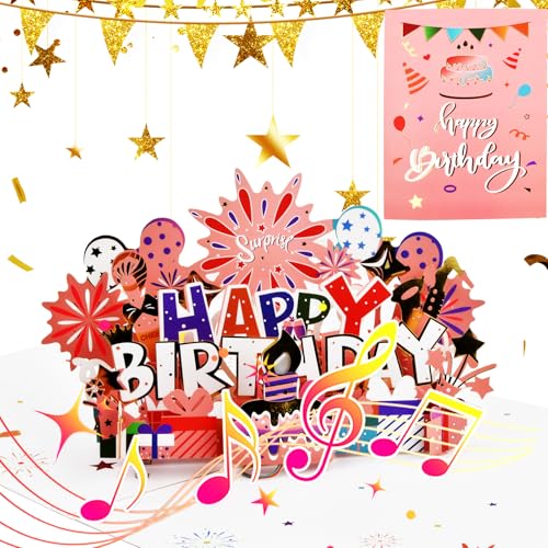 Geburtstagskarten, Geburtstagskarte mit Musik Licht und Kuchen, Happy Birthday Karte für Männer Frauen Kinder, 3D Pop Up Kuchen Karte für Geburtstagsgeschenk, 20x25,7cm (A) von Fangehong
