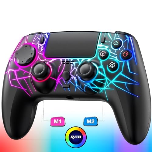 Fanlacy Wireless Controller für PS4, Kabelloses Gamepad kompatibel mit PS4/Pro/Slim/PC Joystick mit Turbo/Dual Vibration/RGB-Licht/6-Achsen Gyro Sensor/M1 M2 Programmierer/1000mAh Akku (Schwarz) von Fanlacy