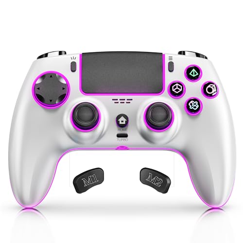 Fanlacy Wireless Controller für PS4, Kabelloses Gamepad kompatibel mit PS4/Pro/Slim/PC Joystick mit Turbo/Dual Vibration/RGB-Licht/6-Achsen Gyro Sensor/M1 M2 Programmierer/1000mAh Akku (Weiß) von Fanlacy