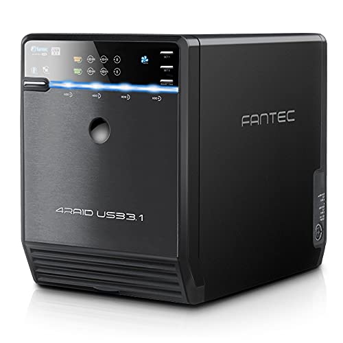 FANTEC 4fach USB3.2 Gen2 RAID Festplattengehäuse für 4X SATA 3,5/2,5 Zoll SSDs oder HDDs, Transfer bis 10Gbit/s, 2X zweifach RAID, mit USB-C & USB-A Hub, Lüfter Automatik, Metall, schwarz von Fantec