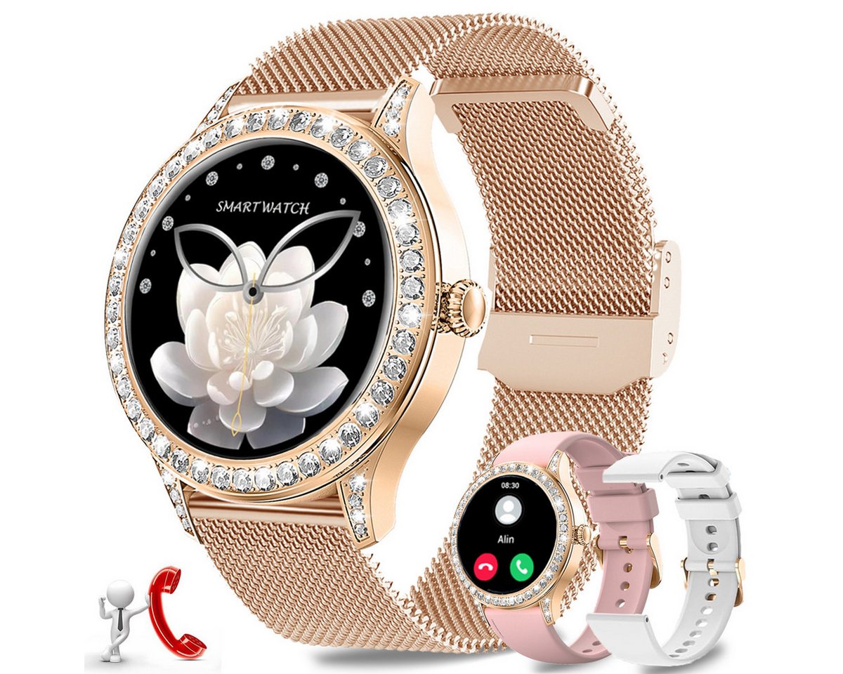 Fanttik Smartwatch Damen mit Bluetooth-Anru/ mit 58 Diamanten Smartwatch (1,27 Zoll, TF THD Touchscreen) Schlafmonitor/UV Index, Herzfrequenzmonitor / SpO2, IP68 Wasserdicht/120+ Sportmodi/Damen-Sportuhr für Android iOS von Fanttik
