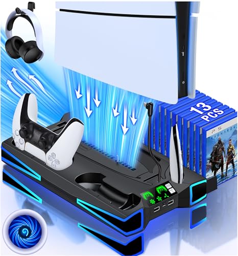 Cooler RGB-LED-Ständer und PS5-Kühlstation mit Dual-Controller-Aufladung, 3 einstellbare Geschwindigkeiten, PS5-Lüfter-Kühler für PS5/PS5 Slim, Playstation 5, PS5-Zubehör mit Headset-Halterung und von Fanxieast