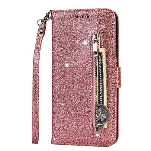 Fanxwu Kompatibel mit Samsung Galaxy A42 5G Hülle Glitzer Reißverschluss Brieftasche Cover mit Trageschlaufe Folio Flip Leder Multifunktionale Handyhülle - Roségold von Fanxwu