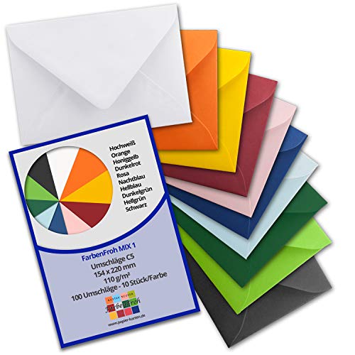 100 Briefumschläge - Farbenmix-Paket 1 - DIN C5 Kuverts 22,0 x 15,4 cm - Kuverts mit Nassklebung ohne Fenster für Gruß-Karten & Einladungen - Serie FarbenFroh von FarbenFroh by GUSTAV NEUSER