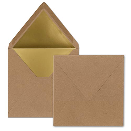 100 quadratische Brief-Umschläge - 15,5 x 15,5 cm, Kraftpapier mit Naturfasern (Braun) - mit Gold-Papier gefüttert - Nassklebung - Vintage-Look von FarbenFroh by GUSTAV NEUSER