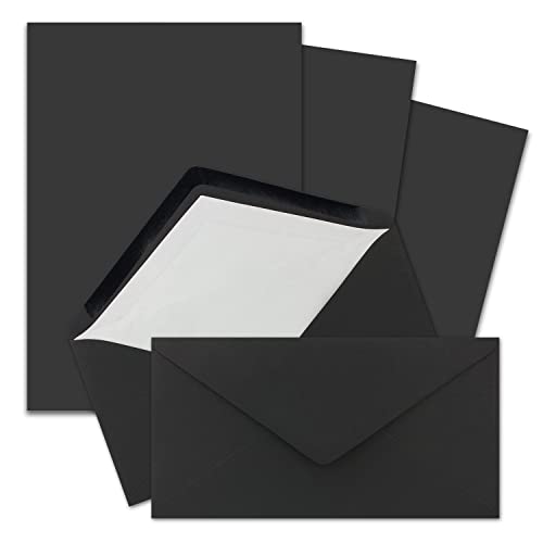 100x Briefpapier-Sets DIN A4 und DL gefütterten Briefumschlägen mit weißem Seidenfutter, Nassklebung - Schwarz - mattes Schreibpapier von FarbenFroh by GUSTAV NEUSER