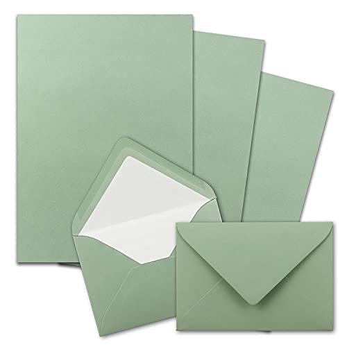 200x Briefpapier-Sets DIN A4 mit C6 gefütterten Briefumschlägen, Nassklebung - Eukalyptus-Grün - mattes Schreibpapier und Kuverts mit weißem Seidenfutter von FarbenFroh by GUSTAV NEUSER