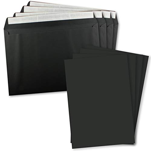 200x XXL Einzelkarten-Set in DIN A4 (21 x 29,7 cm) inkl. Umschlägen in DIN C4 - Schwarz - Briefumschlag mit Haftklebung - für Versand von Grußkarten, Urkunden und Gutscheinen geeignet von FarbenFroh by GUSTAV NEUSER