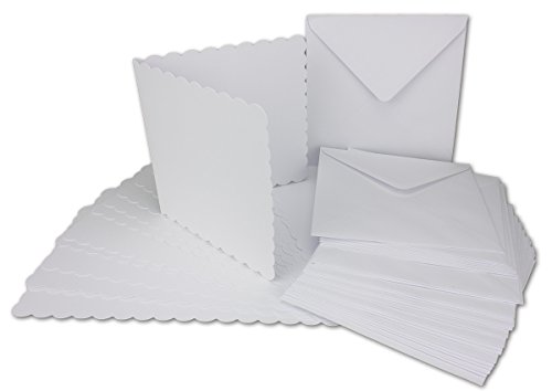 250x Quadratisches Falt-Karten-Set mit Wellen-Schnitt-Rand & Brief-Umschlägen I Farbe: Weiss I 14,5 x 14,5 cm I Papier-Bastel-Set mit wellig gestanztem Rand I Gustav NEUSER® von FarbenFroh by GUSTAV NEUSER
