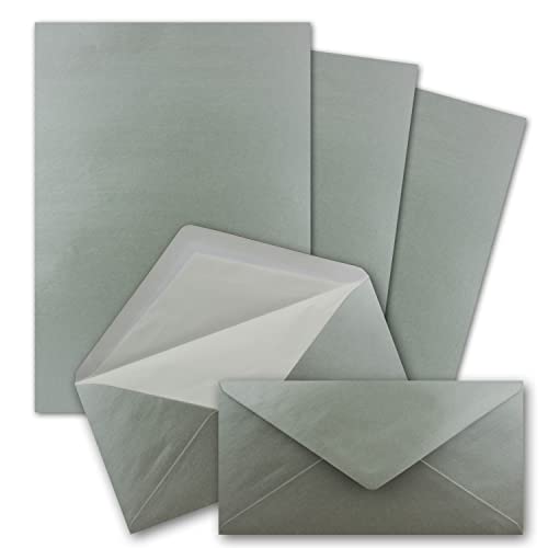 25x Briefpapier-Sets DIN A4 und DL gefütterten Briefumschlägen mit weißem Seidenfutter, Nassklebung - Silber - mattes Schreibpapier von FarbenFroh by GUSTAV NEUSER