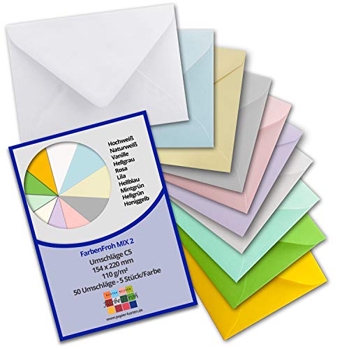 50 Briefumschläge - Farbenmix-Paket 2 - DIN C5 Kuverts 22,0 x 15,4 cm - Kuverts mit Nassklebung ohne Fenster für Gruß-Karten & Einladungen - Serie FarbenFroh von FarbenFroh by GUSTAV NEUSER