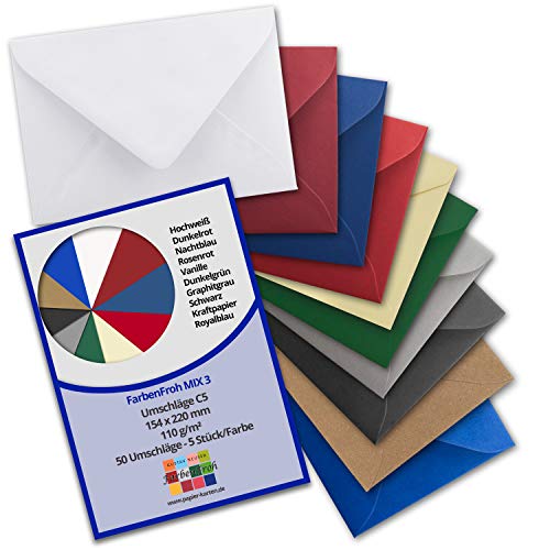 50 Briefumschläge - Farbenmix-Paket 3 - DIN C5 Kuverts 22,0 x 15,4 cm - Kuverts mit Nassklebung ohne Fenster für Gruß-Karten & Einladungen - Serie FarbenFroh von FarbenFroh by GUSTAV NEUSER