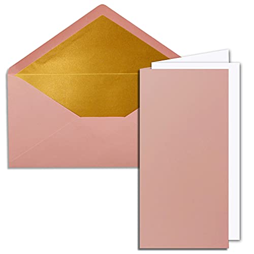 50x Faltkarten-Set DIN Lang inkl. Briefumschlägen mit goldenem Seidenfutter und weißen Einlegeblättern in Altrosa (Rosa) - 10,5 x 21 cm - für Einladungen und Grußkarten von FarbenFroh by GUSTAV NEUSER