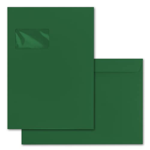 50x große XXL Briefumschläge DIN C4 in Dunkelgrün (Grün) - 22,9 x 32,4 cm - Haftklebung mit Fenster - Versandtasche für DIN A4 geeignet von FarbenFroh by GUSTAV NEUSER