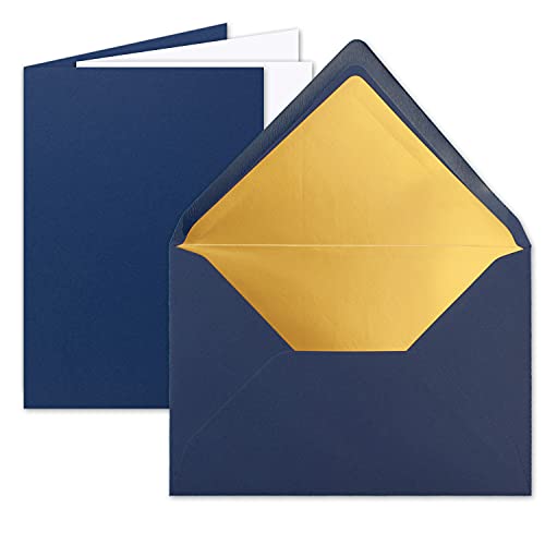 FarbenFroh by GUSTAV NEUSER 25 Sets - Faltkarten DIN A5 - Dunkelblau (Blau) mit Umschläge DIN C5 mit Gold Metallic Futter und weißen Einleger - 14,8 x 21 cm von FarbenFroh by GUSTAV NEUSER