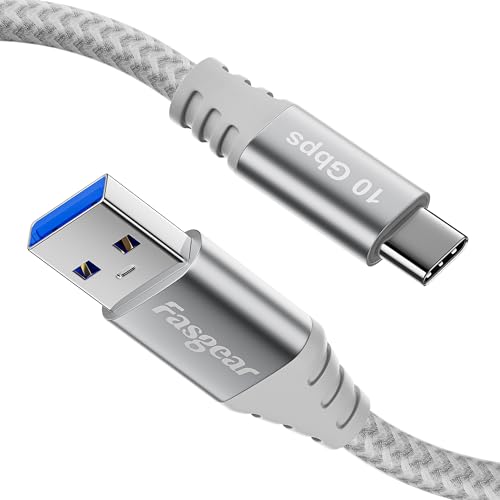 Fasgear USB C Kabel 1.5m- USB A zu Typ C 3.2 Gen 2 Kabel geflochten 10Gbps Android Auto Typ C Datenkabel Schnellladung Kompatibel für tragbare SSD Galaxy S23 X-Box PS5 Controller USB-C Geräte (Grau) von Fasgear