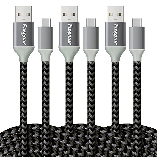 Fasgear USB zu USB C Kabel, 3 Stück 3m Nylon geflochtenes USB Typ C Schnelllade-Synchronisationskabel Kompatibel mit Galaxy S10 / S9 / S8 +, Moto Z2, LG V30 / G6, Nokia N1 und mehr (Schwarz) von Fasgear