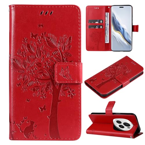 Fatcatparadise Kompatibel mit Honor Magic 6 Pro 5G Core Hülle, Prägung Muster Schutzhülle PU Leder Handyhülle Wallet Case Klappbar Flip Hülle Brieftasche Ledertasche(Rot) von Fatcatparadise