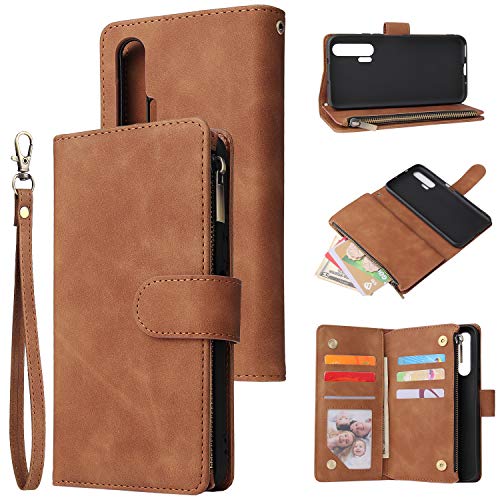 Fatcatparadise Kompatibel mit Huawei Honor 20 Pro Hülle + Displayschutz, Flip Wallet Case mit Sechs Kartenhalter und Magnetverschluss Halterung PU Leder Hülle handyhülle (Khaki) von Fatcatparadise