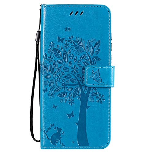 Fatcatparadise Kompatibel mit Huawei Honor Play 4T Pro Hülle + Panzerglas Schutzfolie, Prägung Muster Schutzhülle PU Leder Handyhülle Wallet Case Flip Hülle Brieftasche Ledertasche (Blau) von Fatcatparadise