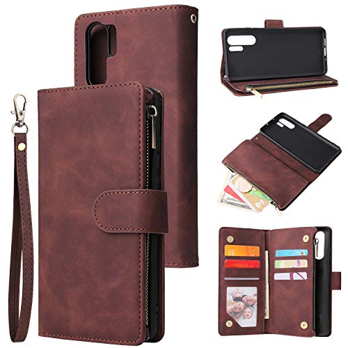 Fatcatparadise Kompatibel mit Huawei P30 pro Hülle + Displayschutz, Flip Wallet Case mit Sechs Kartenhalter und Magnetverschluss Halterung PU Leder Hülle handyhülle (Braun) von Fatcatparadise