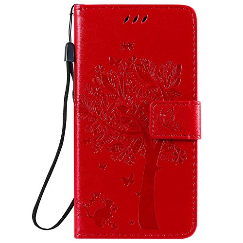 Fatcatparadise Kompatibel mit Samsung Galaxy A01 Hülle, Handyhülle Samsung A01, Prägung Muster Schutzhülle Galaxy A01 PU Leder Wallet Case Klappbar Flip Hülle Brieftasche Ledertasche (Rot) von Fatcatparadise
