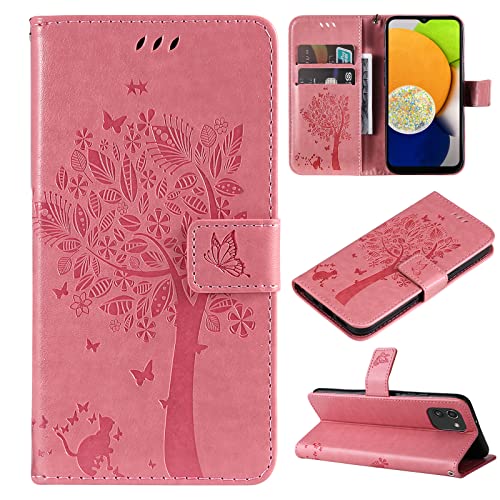 Fatcatparadise Kompatibel mit Samsung Galaxy A03 Hülle, Handyhülle Samsung A03, Prägung Muster Schutzhülle Galaxy A03 PU Leder Wallet Case Klappbar Flip Hülle Brieftasche Ledertasche (Rosa) von Fatcatparadise