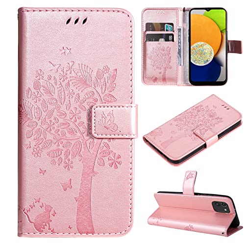 Fatcatparadise Kompatibel mit Samsung Galaxy A03 Hülle, Handyhülle Samsung A03, Prägung Muster Schutzhülle Galaxy A03 PU Leder Wallet Case Klappbar Flip Hülle Brieftasche Ledertasche (Rose Gold) von Fatcatparadise