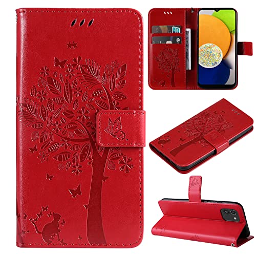 Fatcatparadise Kompatibel mit Samsung Galaxy A03 Hülle, Handyhülle Samsung A03, Prägung Muster Schutzhülle Galaxy A03 PU Leder Wallet Case Klappbar Flip Hülle Brieftasche Ledertasche (Rot) von Fatcatparadise