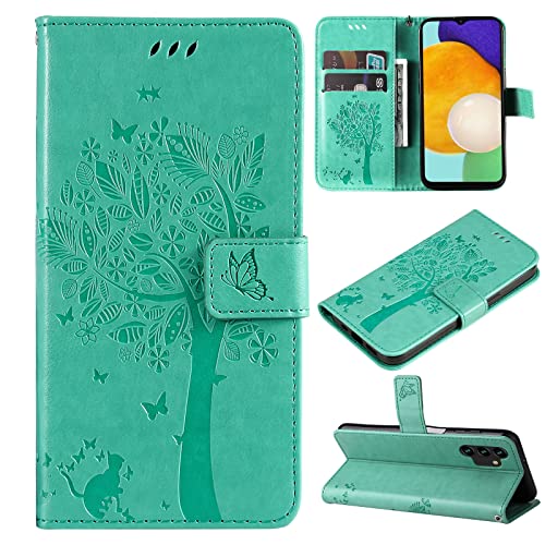 Fatcatparadise Kompatibel mit Samsung Galaxy A04S /A13 5G Hülle, Handyhülle Samsung A04S /A13 5G, Prägung Muster Schutzhülle PU Leder Wallet Case Klappbar Flip Hülle Brieftasche Ledertasche (Grün) von Fatcatparadise